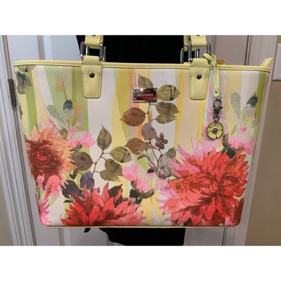 St. John Yellow & Pink Floral Print Leather Large Shoulder Tote Bag - Picture 2 of 10